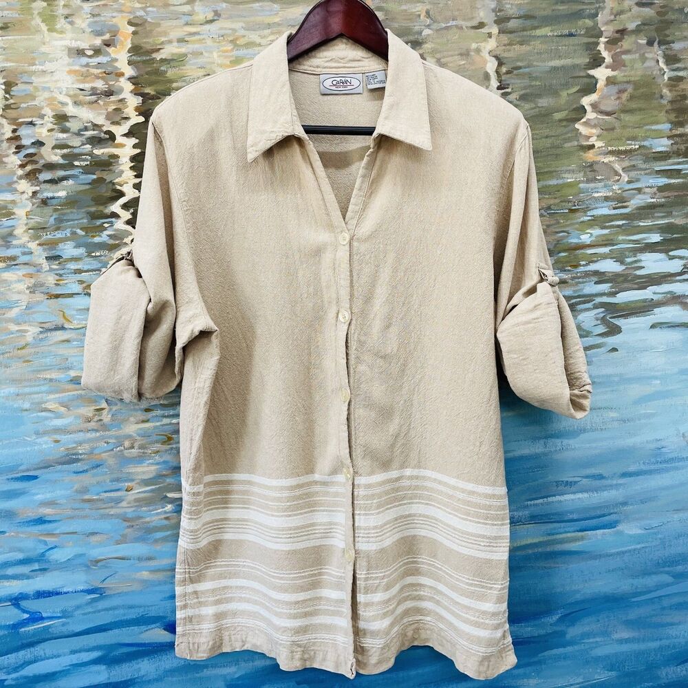 Caran New York Button Front Blouse Linen Sz 2X Roll Tabbed Sleeves Tunic VTG 2X